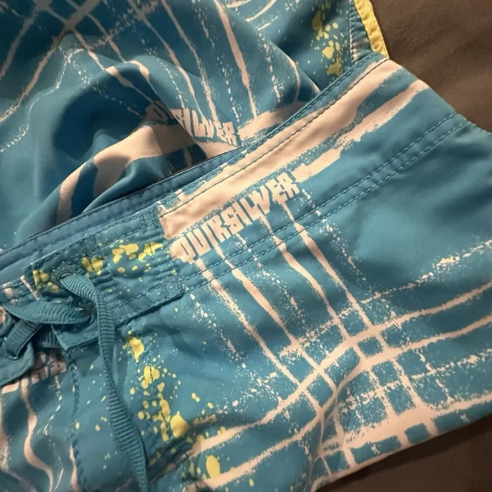 Vintage Y2K Quicksilver Board Shorts Mens 36 Plaid Embroidery Logo Swim Blue